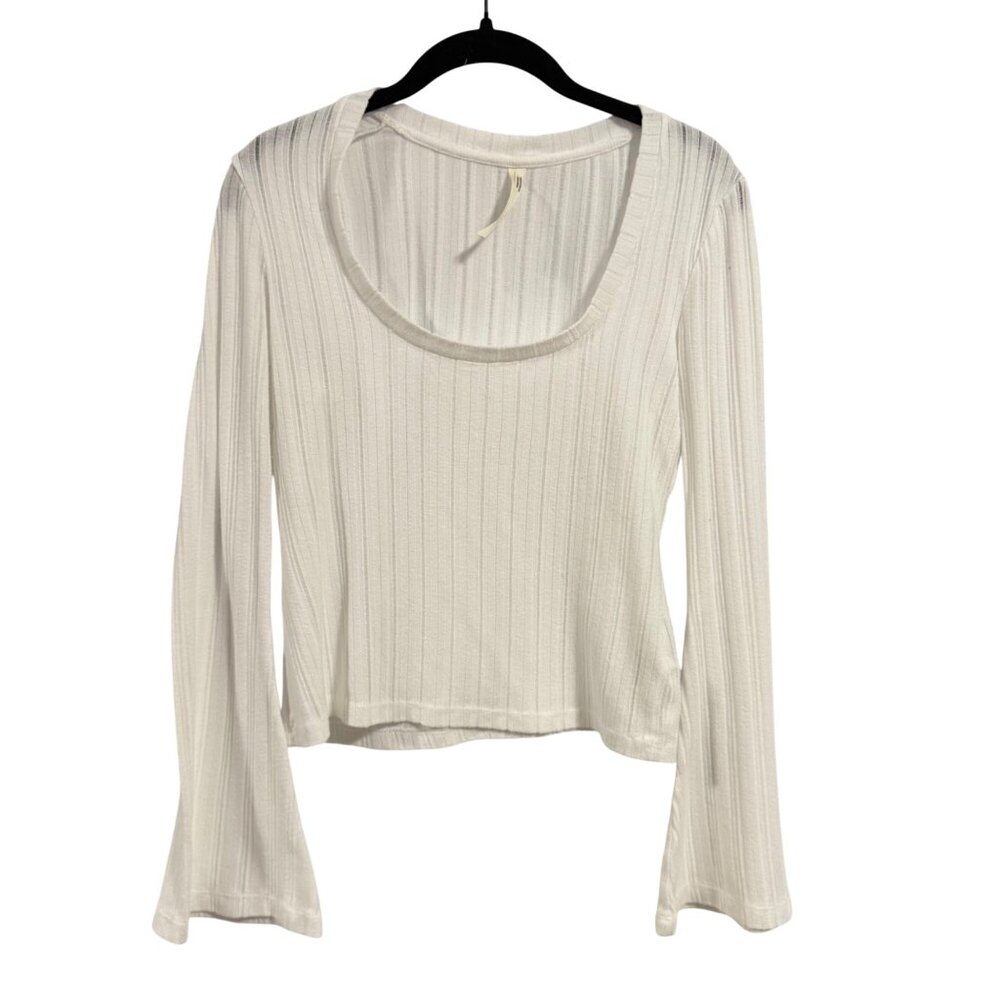 Anthropologie White Ribbed Long Bell‎ Sleeve Top Size M